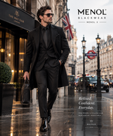 Man wearing MENOL X black formalwear in Mayfair, London