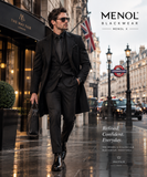 Man wearing MENOL X black formalwear in Mayfair, London
