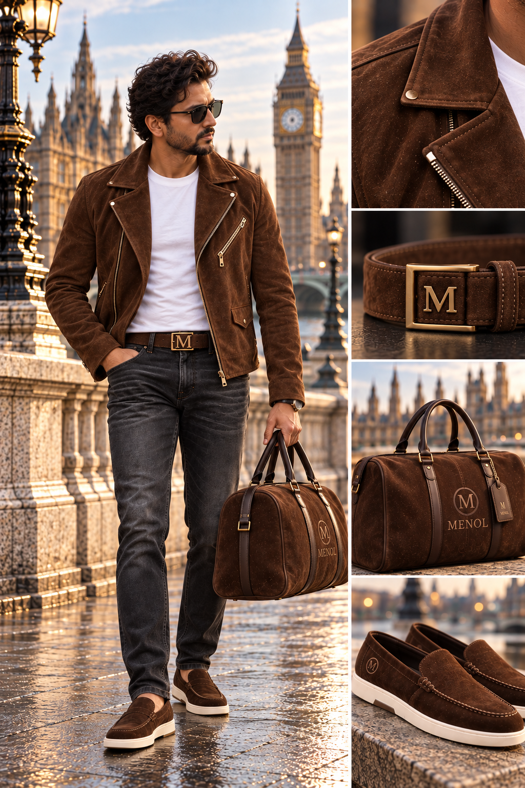 MENOL Gliese brown suede look with coordinated loafers, belt and holdall