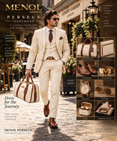 MENOL Perseus ivory formal suit with coordinated brown leather accessories