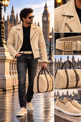 MENOL Perseus ivory suede jacket with black T-shirt and denim, ivory loafers, belt and holdall