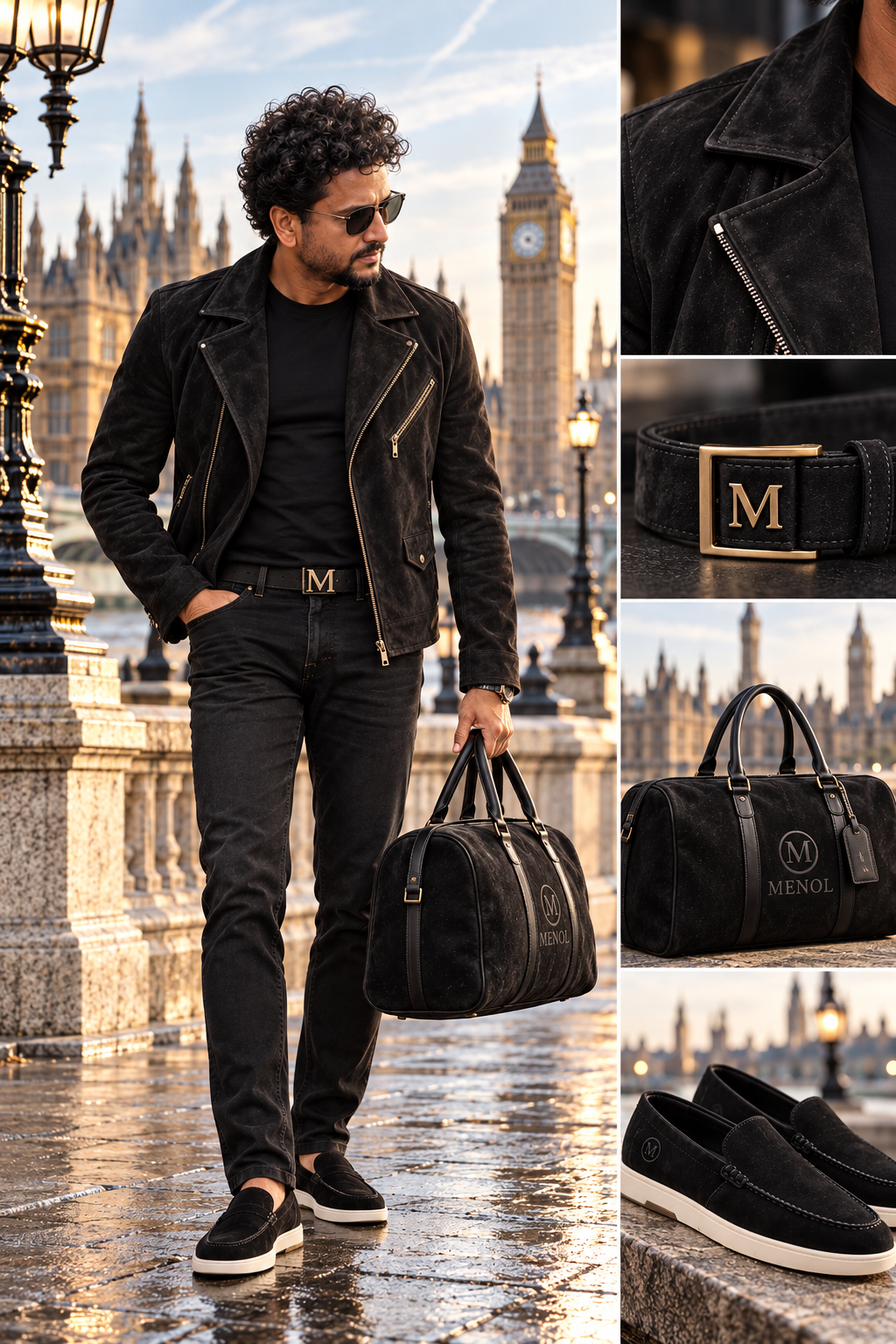 MENOL X black suede look with matching loafers, belt and holdall