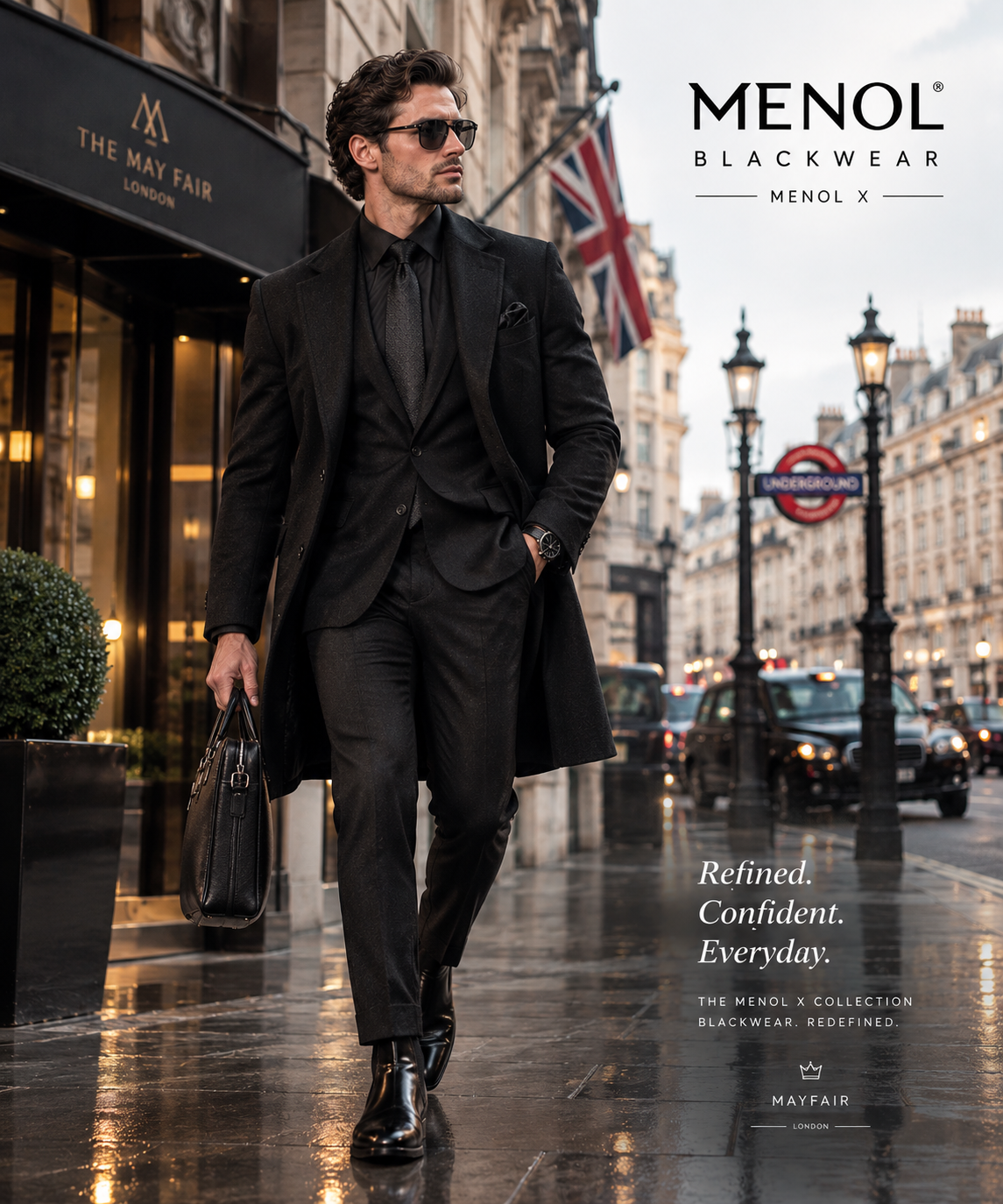 Man wearing MENOL X black formalwear in Mayfair, London