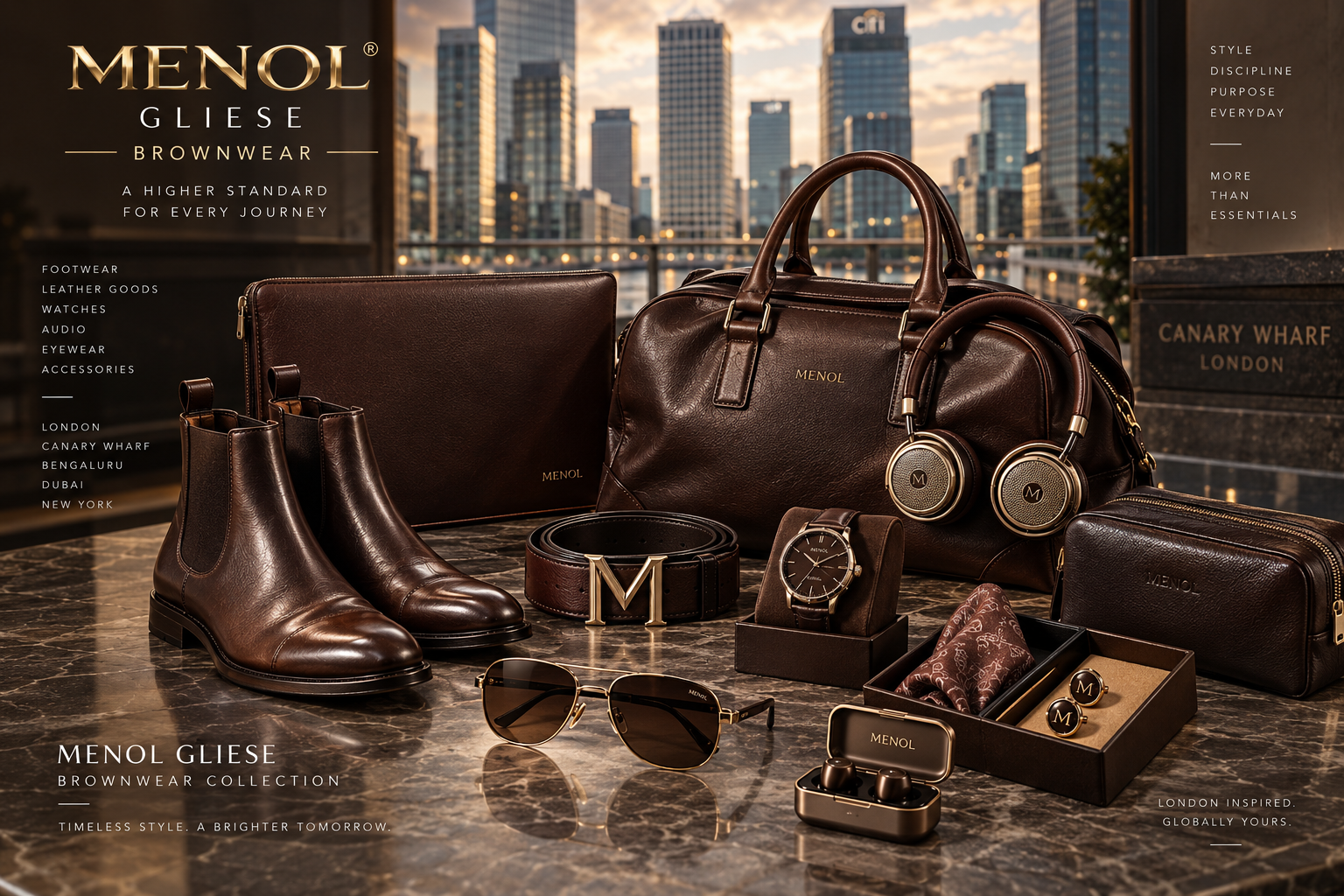 MENOL GLIESE brown leather goods, boots, belt, watch, headphones and accessories