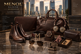 MENOL GLIESE brown leather goods, boots, belt, watch, headphones and accessories