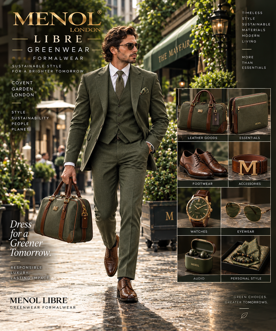 MENOL Libre green formal suit with coordinated brown leather accessories