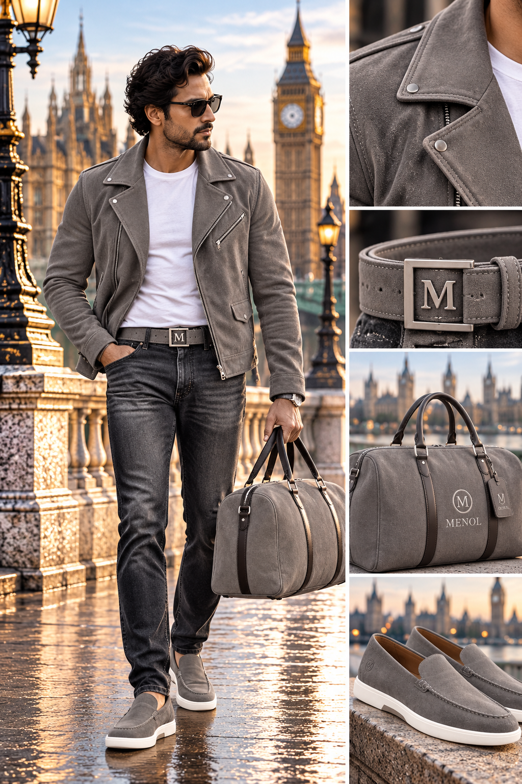 MENOL Messier grey suede look with coordinating loafers, belt and holdall