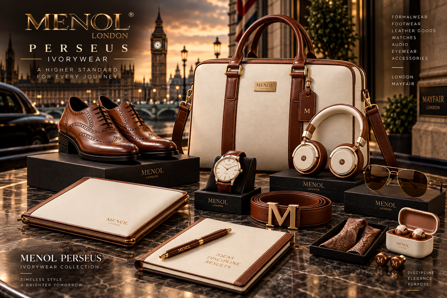 MENOL Perseus ivory and brown leather goods, footwear and accessories