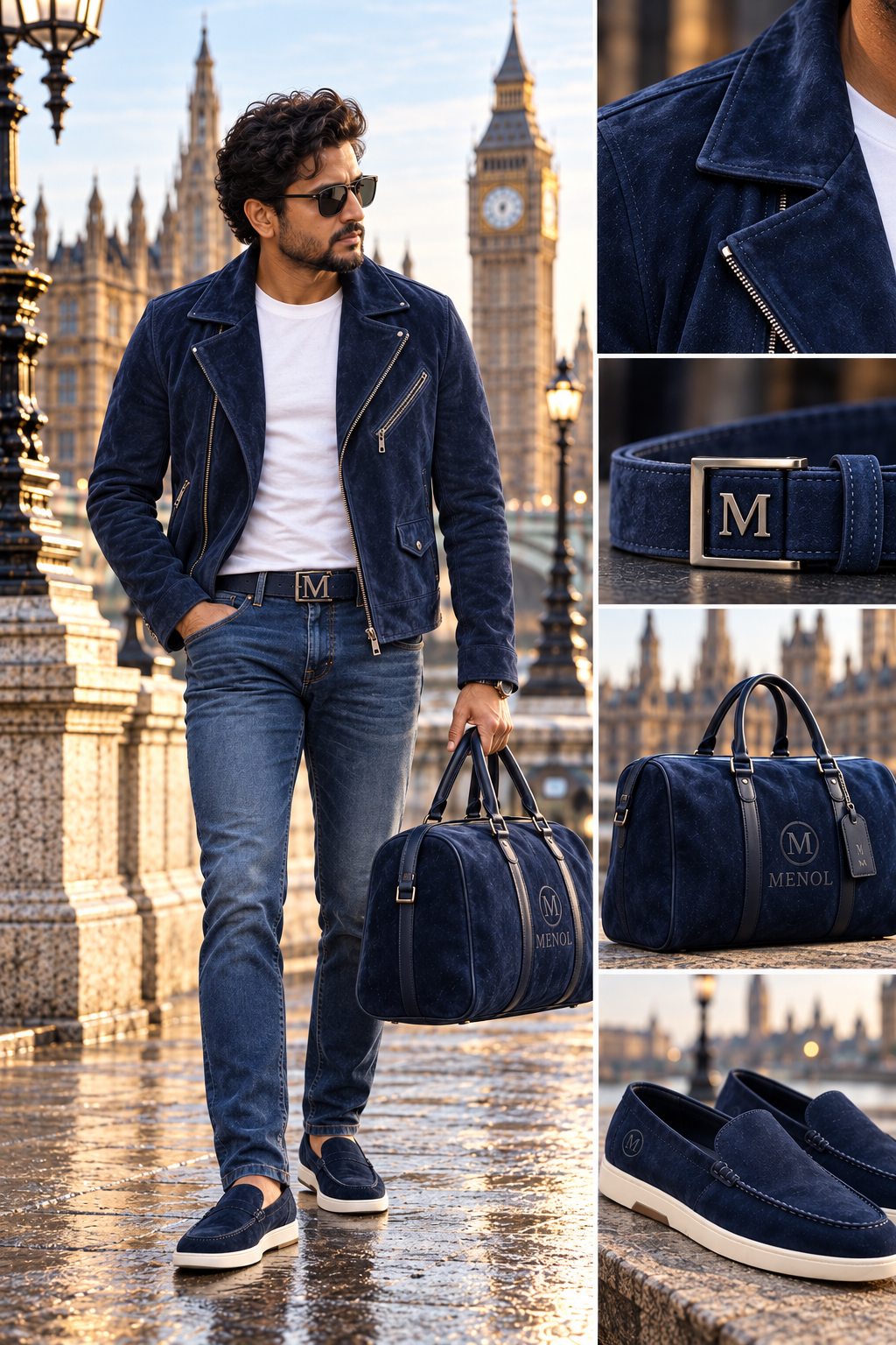 MENOL Rigel blue suede look with matching belt, loafers and holdall