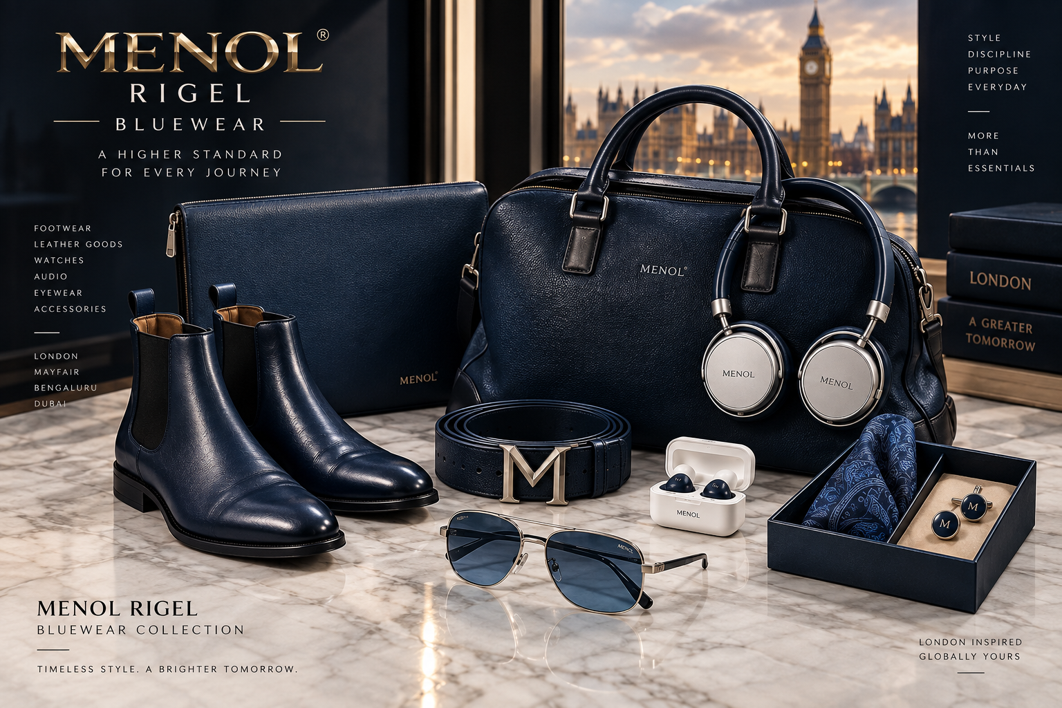 Man wearing MENOL RIGEL navy formalwear in London