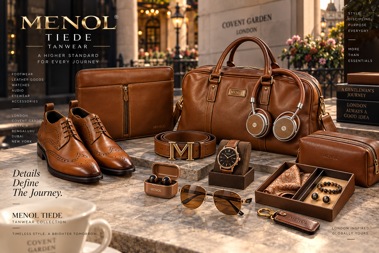 Man wearing MENOL TIEDE tan formalwear in Covent Garden, London