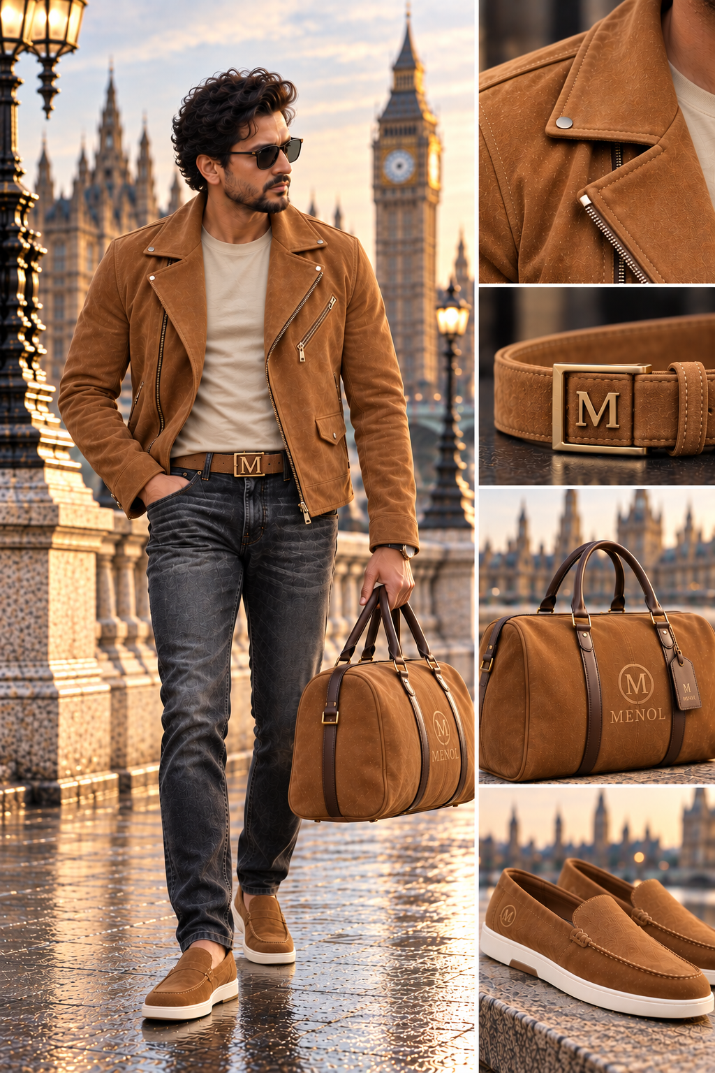 MENOL Tiede tan suede look with matching loafers, belt and holdall